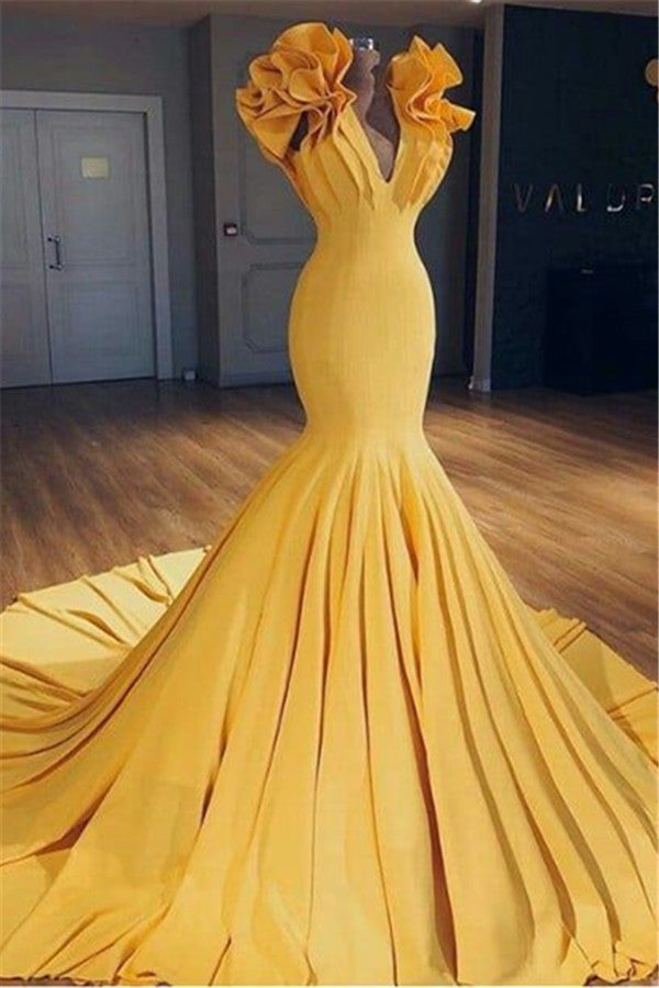 Ginger Yellow Fit and Flare Prom Dresses Ruffles Court Train Wholesale Evening Gowns-showprettydress