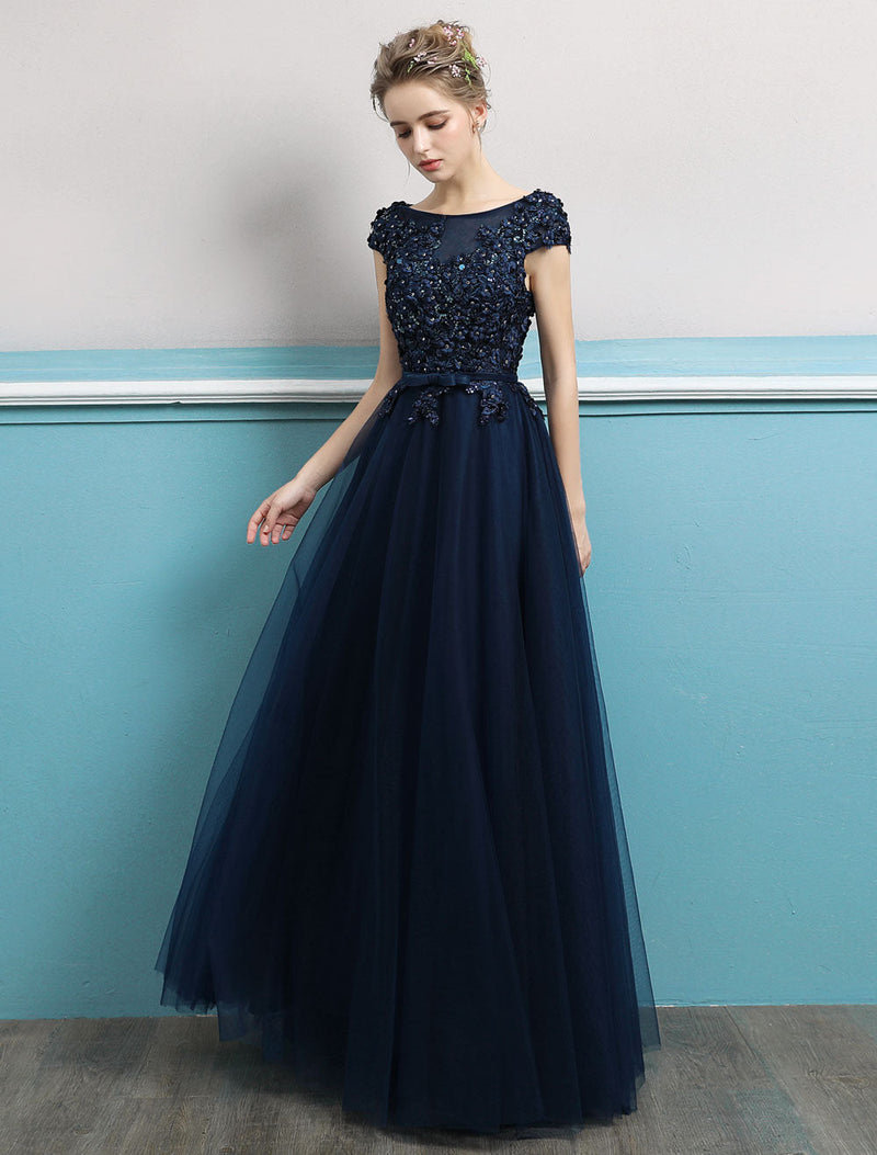 Glamorous Evening Dresses Long Dark Navy Evening Dress Jewel Neck Open Back Sequin Flowers Beaded Tulle Floor Length Formal Gowns-showprettydress