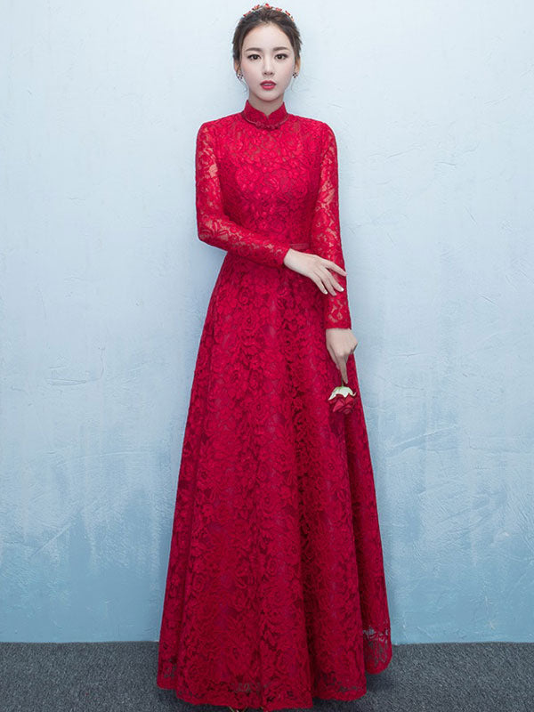 Glamorous Lace Mother Of The Bride Dress Burgundy High Collar Occasion Dress Long Sleeve A Line Wedding Guest Dresses-showprettydress