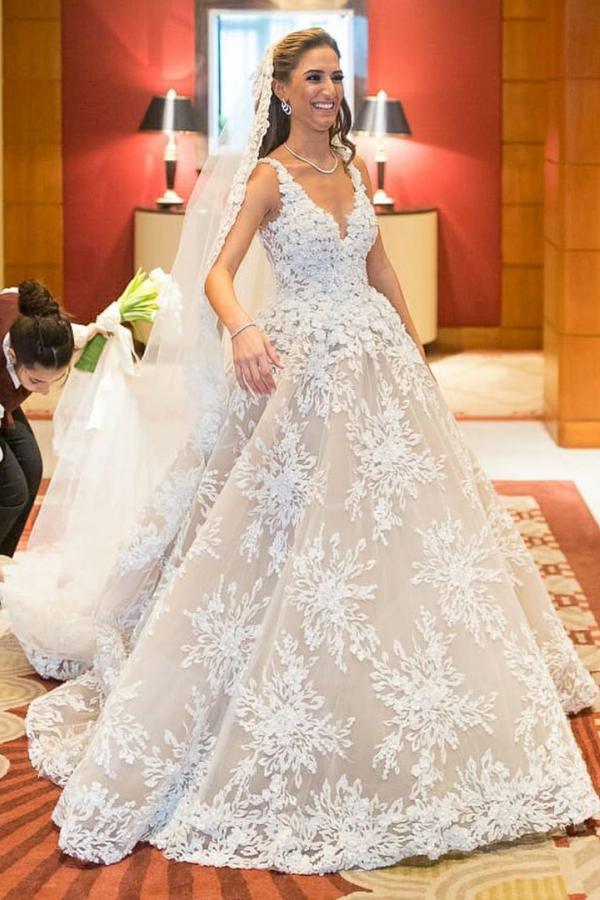 Glamorous Long A-line V-neck Lace Wedding Dress-showprettydress