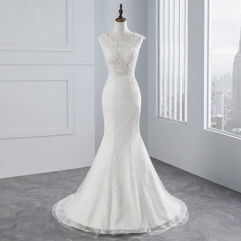 Glamorous Long Mermaid Tulle Appliques Lace Wedding Dress-showprettydress