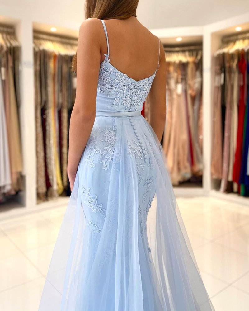 Glamorous Long Mermaid Tulle Evening Prom Dress With Lace Appliques Ruffles-showprettydress