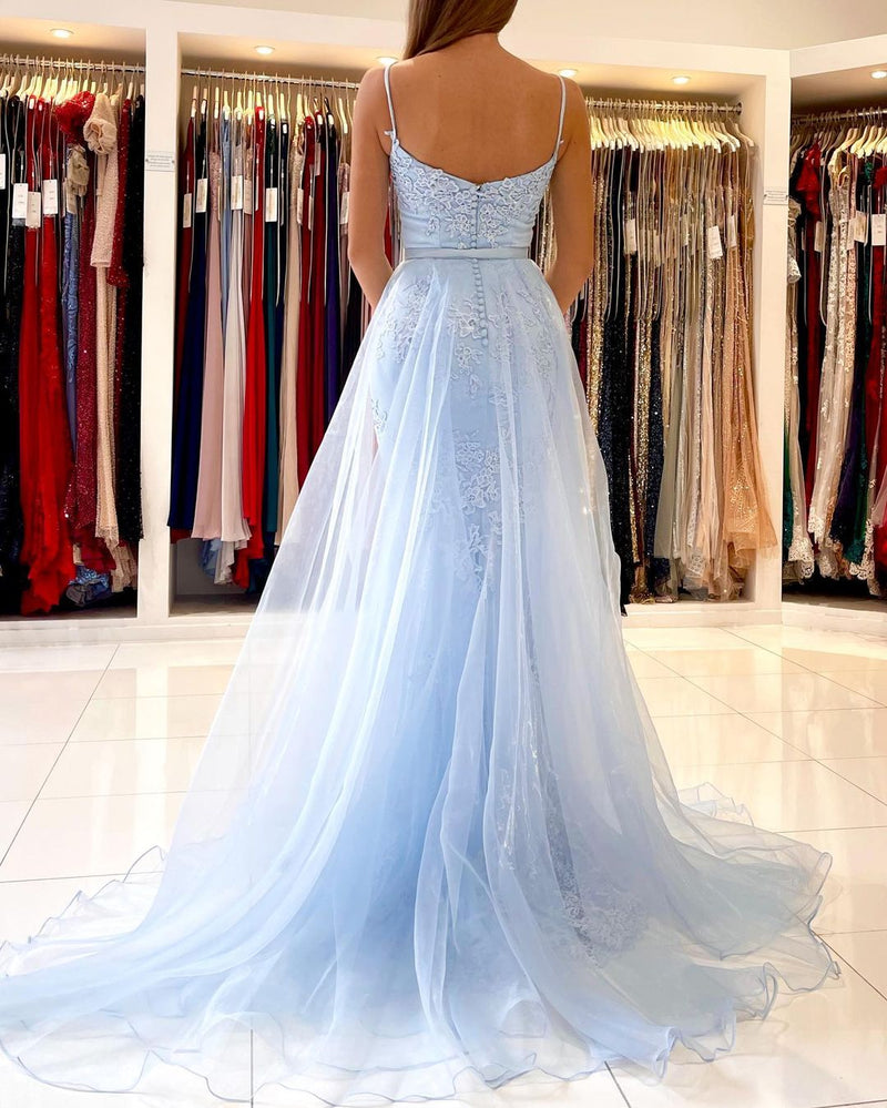 Glamorous Long Mermaid Tulle Evening Prom Dress With Lace Appliques Ruffles-showprettydress