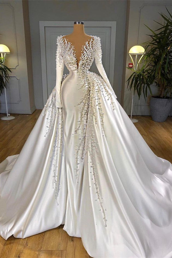 Glamorous Long Sleeve Pearls Wedding Dress V-Neck With Detachable Train Online-showprettydress