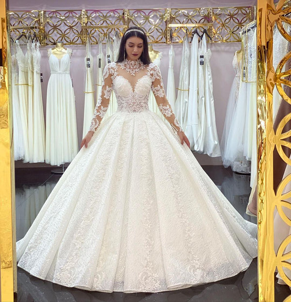 Glamorous Long Sleeves Lace Princess Wedding Dress Ball Gown High Neck-showprettydress