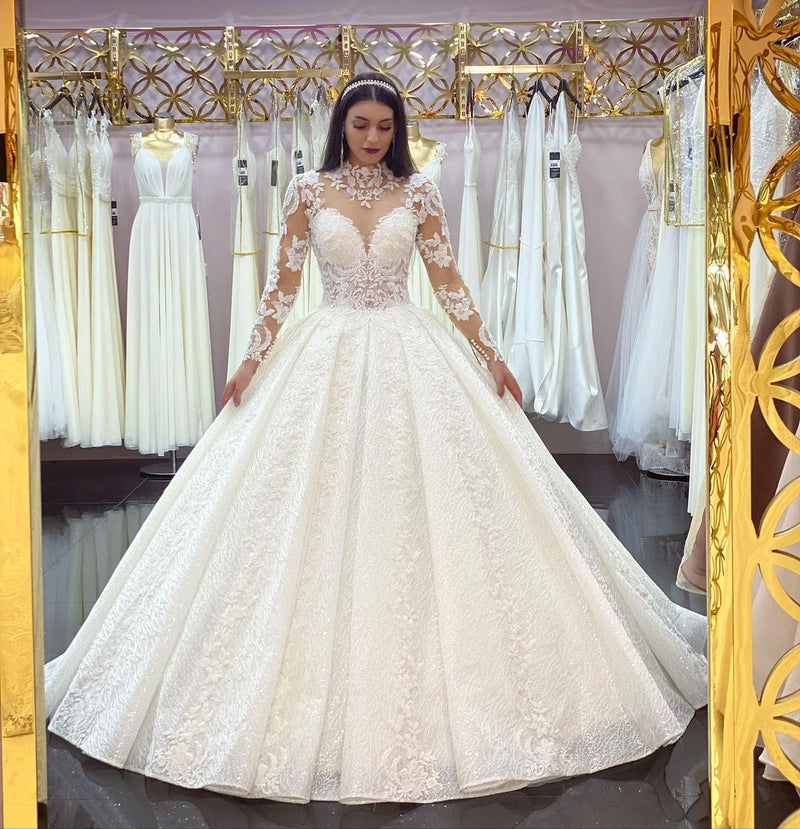 Glamorous Long Sleeves Lace Princess Wedding Dress Ball Gown High Neck ...