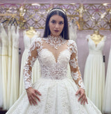 Glamorous Long Sleeves Lace Princess Wedding Dress Ball Gown High Neck-showprettydress