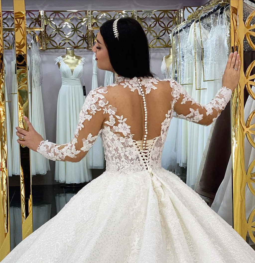Glamorous Long Sleeves Lace Princess Wedding Dress Ball Gown High