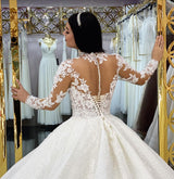 Glamorous Long Sleeves Lace Princess Wedding Dress Ball Gown High Neck-showprettydress