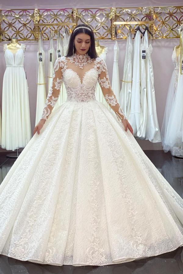 Glamorous Long Sleeves Lace Princess Wedding Dress Ball Gown High Neck-showprettydress