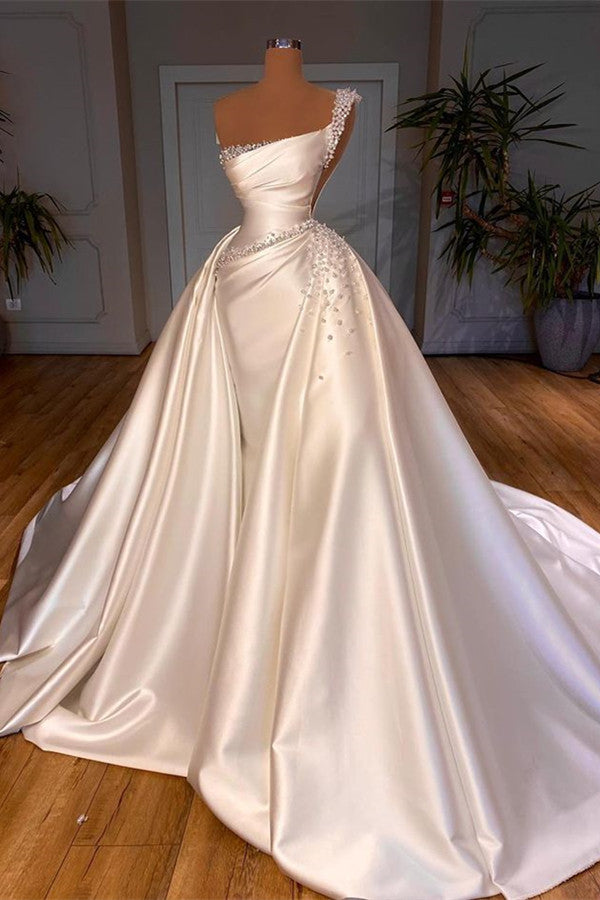 Glamorous One Shoulder Pearl Wedding Dress Overskirt Bridal Gowns On Sale-showprettydress