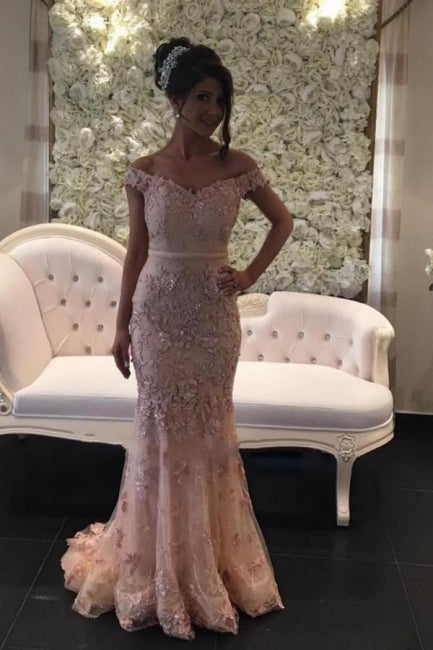 Glamorous Pink Off-the-shouder Prom Dresses Glitter Lace Mermaid Evening Gowns-showprettydress