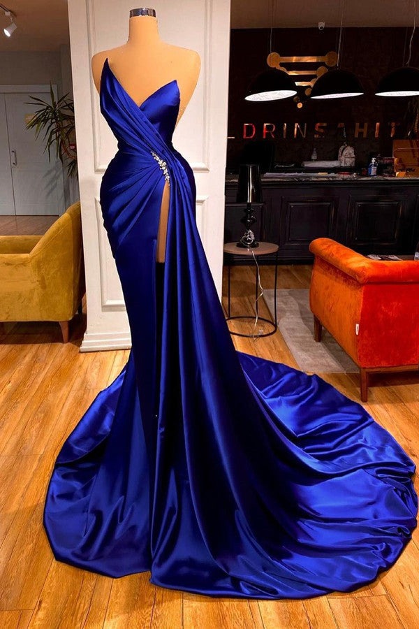 Glamorous Royal Blue Long Mermaid Sweetheart Satin Prom Dress With Split-showprettydress