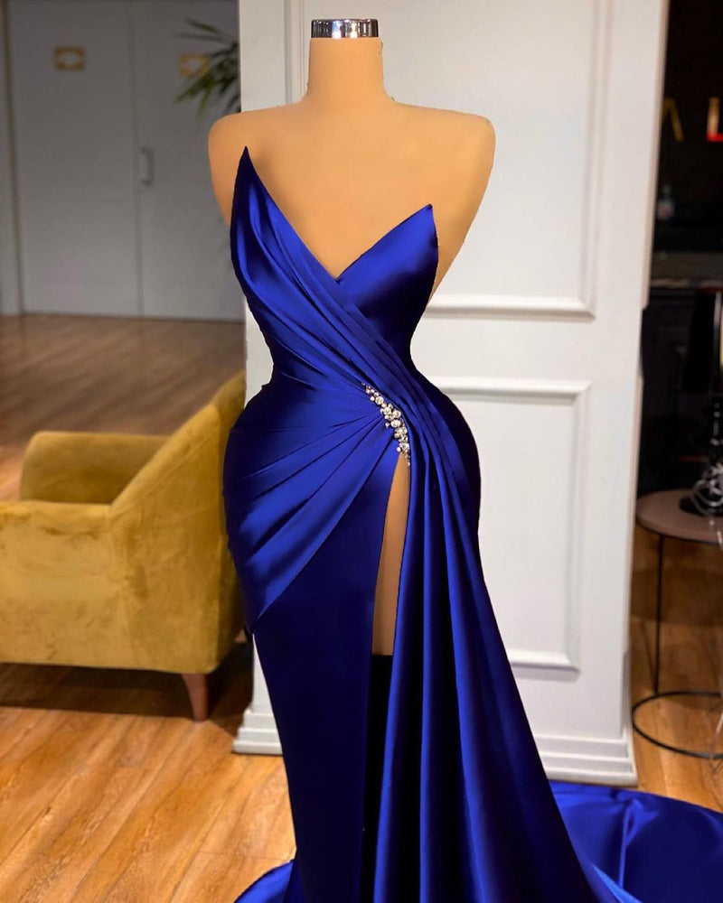 Elegant Royal Blue Long Mermaid Sweetheart Slit Velvet Prom Dress With –  showprettydress