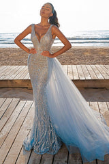 Glamorous Sequins Crystal Mermaid Prom Dress V-Neck Sleeveless-showprettydress