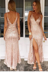 Glamorous V-Neck Sequins Prom Dress Long With Split Sleeveless-showprettydress