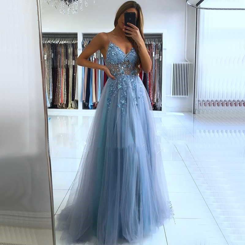 Glamorous V-neck Spaghetti-Straps Tulle Prom Dress Beadings Long Evening Gowns-showprettydress