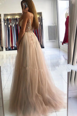 Glamorous V-neck Spaghetti-Straps Tulle Prom Dress Beadings Long Evening Gowns-showprettydress