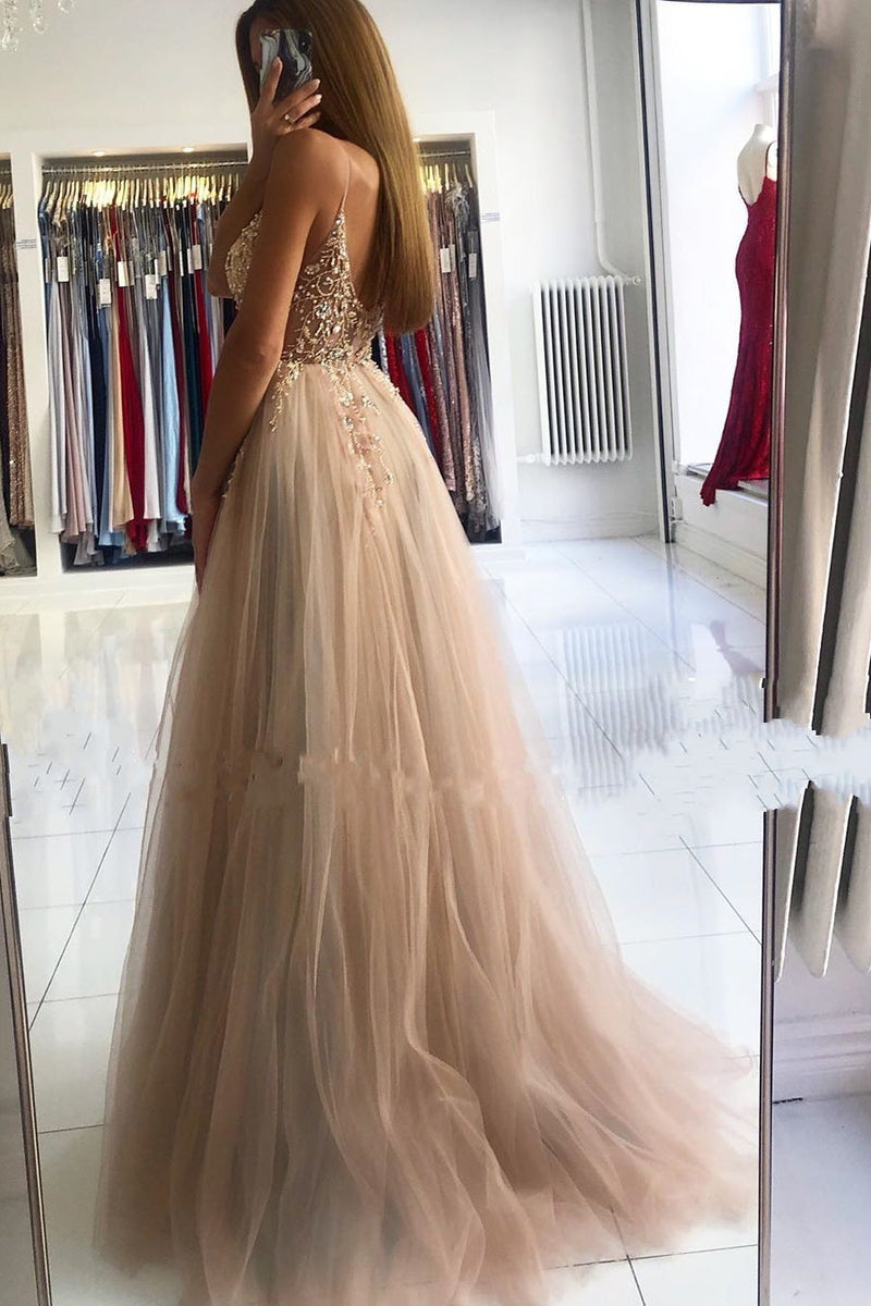 Glamorous V-neck Spaghetti-Straps Tulle Prom Dress Beadings Long Evening Gowns-showprettydress