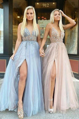 Glamorous V-neck Spaghetti-Straps Tulle Prom Dress Beadings Long Evening Gowns-showprettydress