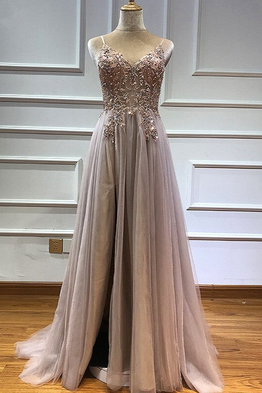 Glamorous V-neck Spaghetti-Straps Tulle Prom Dress Beadings Long Evening Gowns-showprettydress