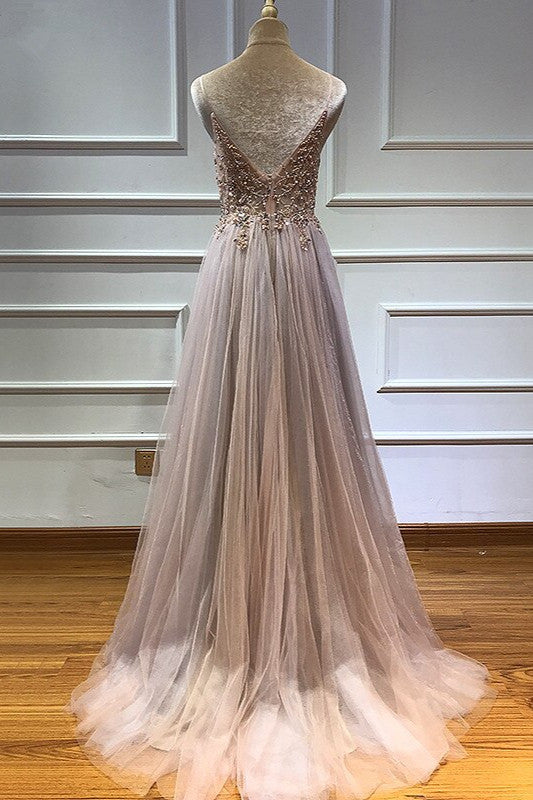 Glamorous V-neck Spaghetti-Straps Tulle Prom Dress Beadings Long Evening Gowns-showprettydress