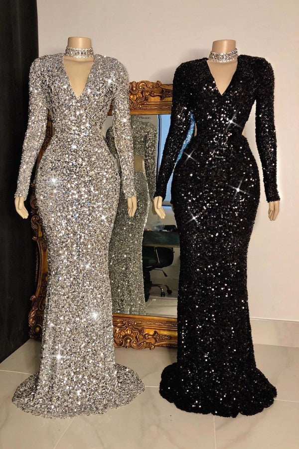 Glittering Crystal Sequins Long Sleevess V-neck Mermaid Prom Dresses-showprettydress