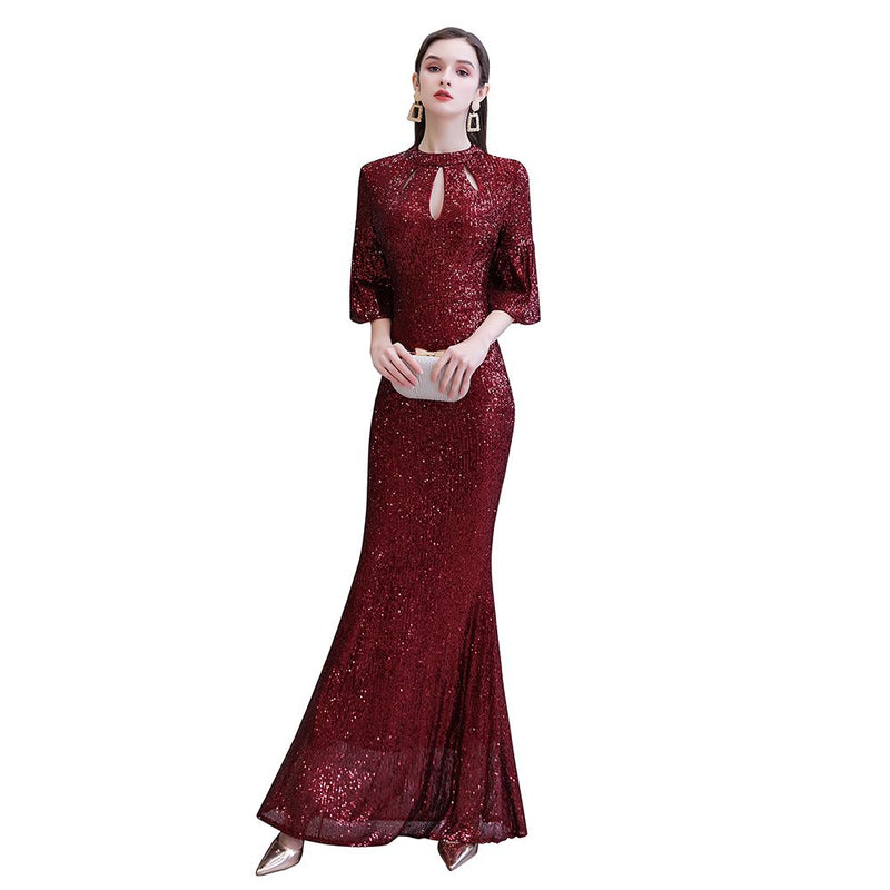 Glittering Half Sleeves Keyhole Mermaid Long Burgundy Prom Party Gowns-showprettydress