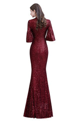 Glittering Half Sleeves Keyhole Mermaid Long Burgundy Prom Party Gowns-showprettydress