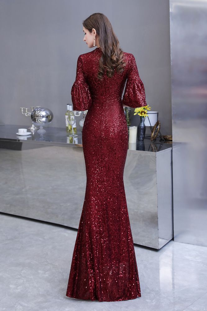 Glittering Half Sleeves Keyhole Mermaid Long Burgundy Prom Party Gowns-showprettydress