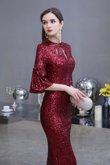 Glittering Half Sleeves Keyhole Mermaid Long Burgundy Prom Party Gowns-showprettydress