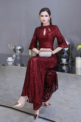 Glittering Half Sleeves Keyhole Mermaid Long Burgundy Prom Party Gowns-showprettydress