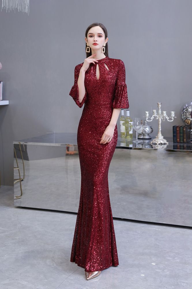 Glittering Half Sleeves Keyhole Mermaid Long Burgundy Prom Party Gowns-showprettydress