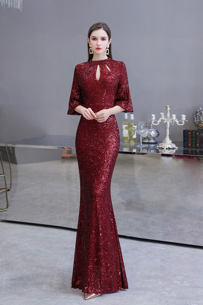 Glittering Half Sleeves Keyhole Mermaid Long Burgundy Prom Party Gowns-showprettydress