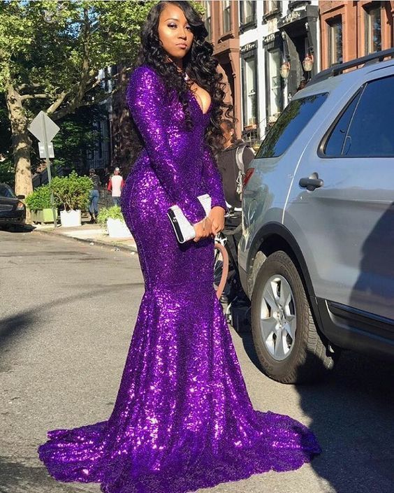 Glittering V-neck Long Sleevess Sequins Mermaid Prom Dresses-showprettydress