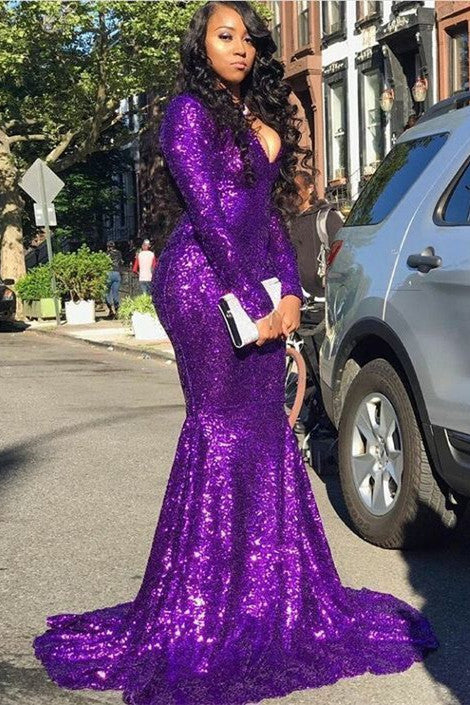 Glittering V-neck Long Sleevess Sequins Mermaid Prom Dresses-showprettydress