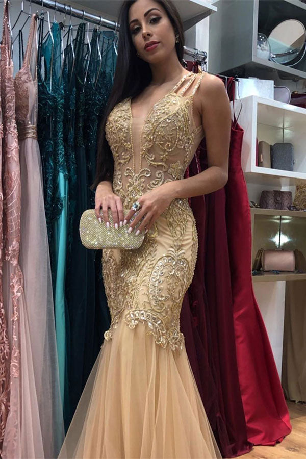 Gold Deep V-neck Straps Sleeveless Beaded Lace Appliques Prom Dresses with Tulle Train-showprettydress