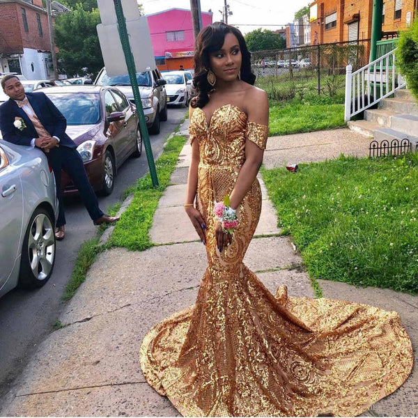 Gold Floor Length Off-the-Shoulder Mermaid Sweetheart Sleeveless Sequins Prom Dresses-showprettydress