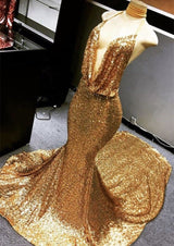 Gold Halter V-neck Mermaid Charming Sequined Deep Flow Neck Prom Party Gowns-showprettydress