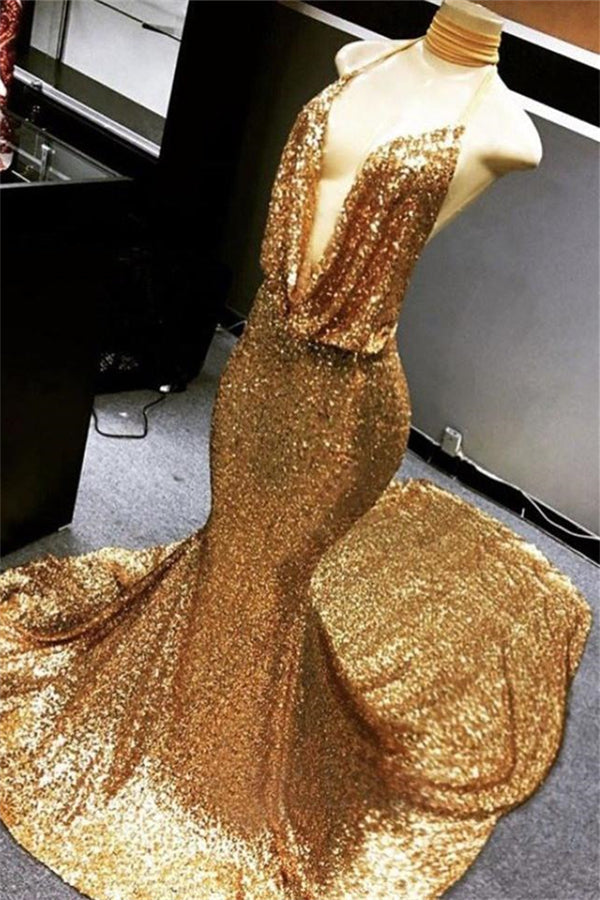 Gold Halter V-neck Mermaid Charming Sequined Deep Flow Neck Prom Party Gowns-showprettydress