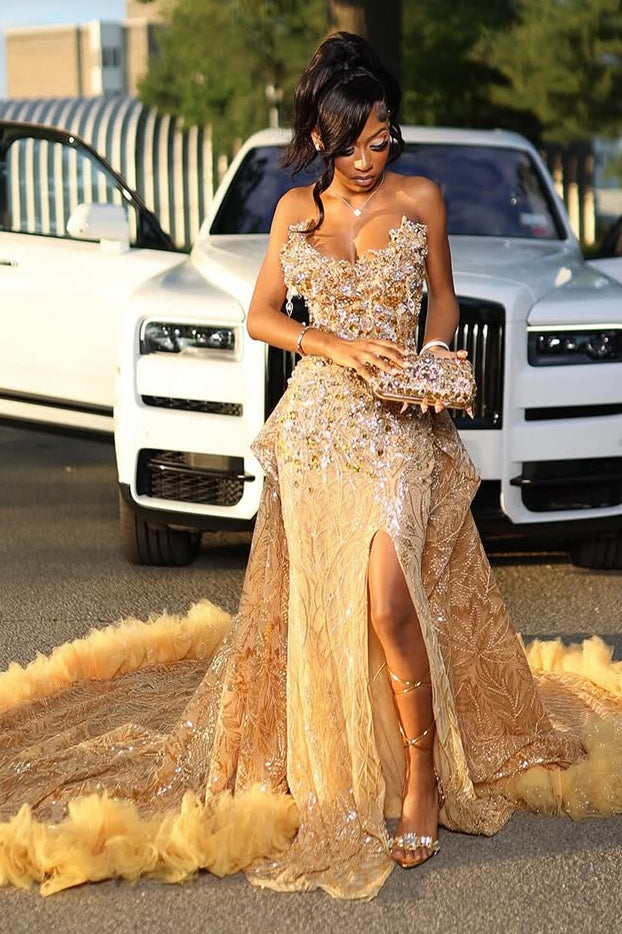 Gold Sweetheart Beaded Sparkles Court Train Flowers Prom Dresses-Showprettydress