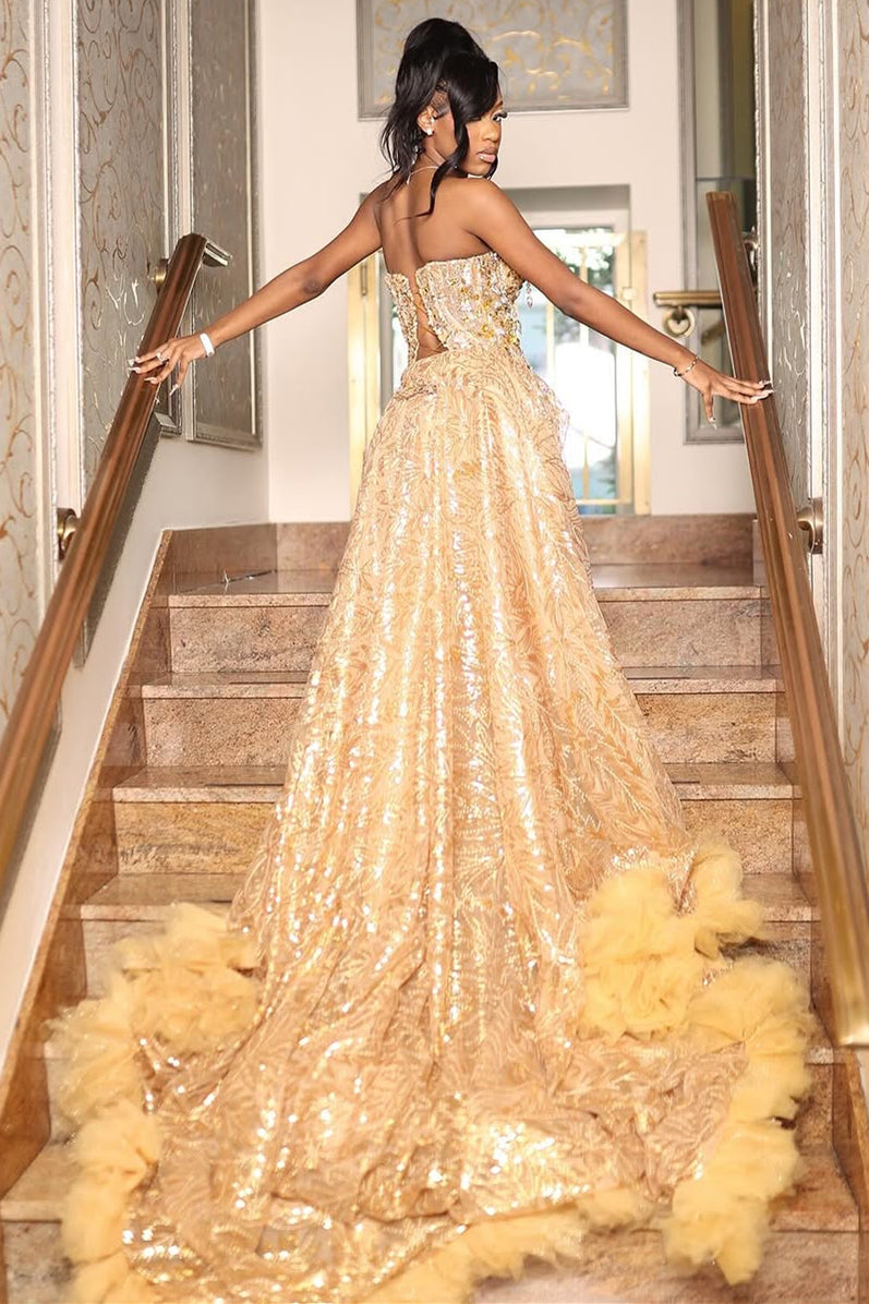 Gold Sweetheart Beaded Sparkles Court Train Flowers Prom Dresses-showprettydress