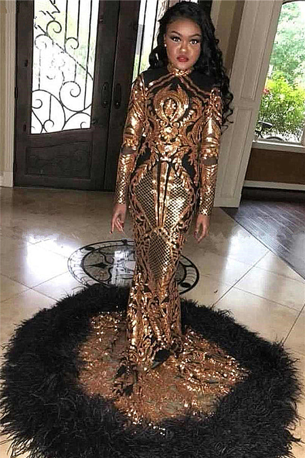 Golden Appliques High Neck Long Sleevess Feather Train Mermaid Prom Dresses-showprettydress