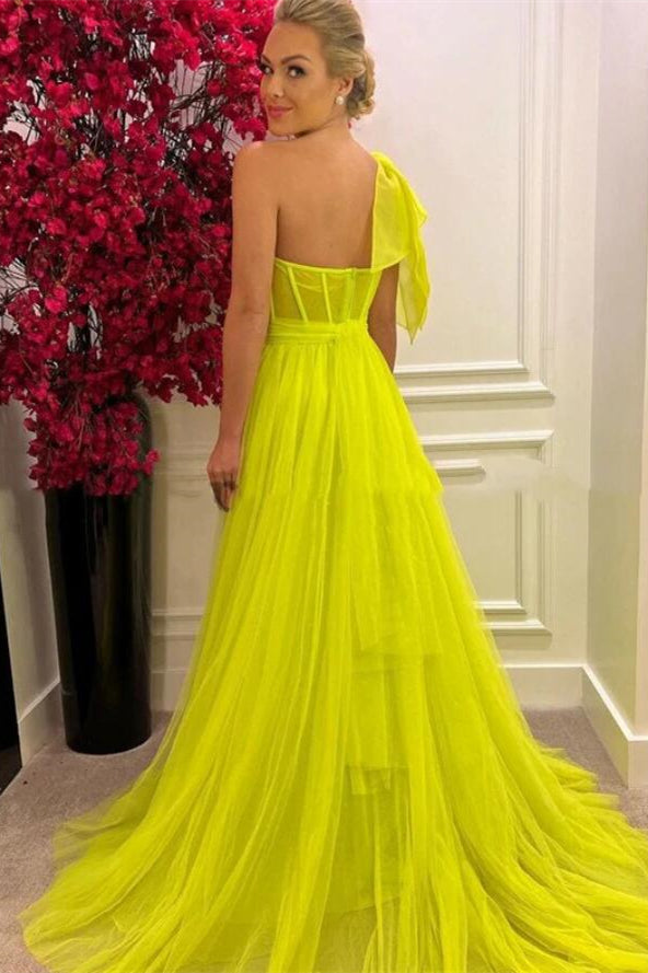 Gorgeous A-Line One-Shoulder Tulle Long Prom Dress With Split-Showprettydress