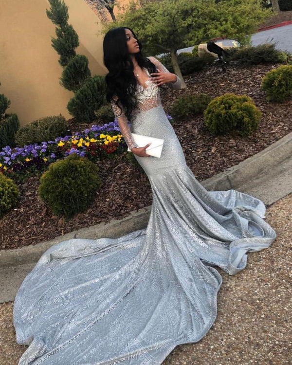 Gorgeous Beading Appliques Court Train Long Sleevess Mermaid Prom Dresses-showprettydress