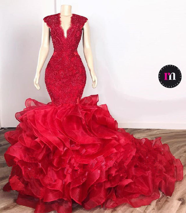 Gorgeous Beads Appliques Red Prom Dresses Ruffles Fit and Flare Alluring Evening Gowns-showprettydress