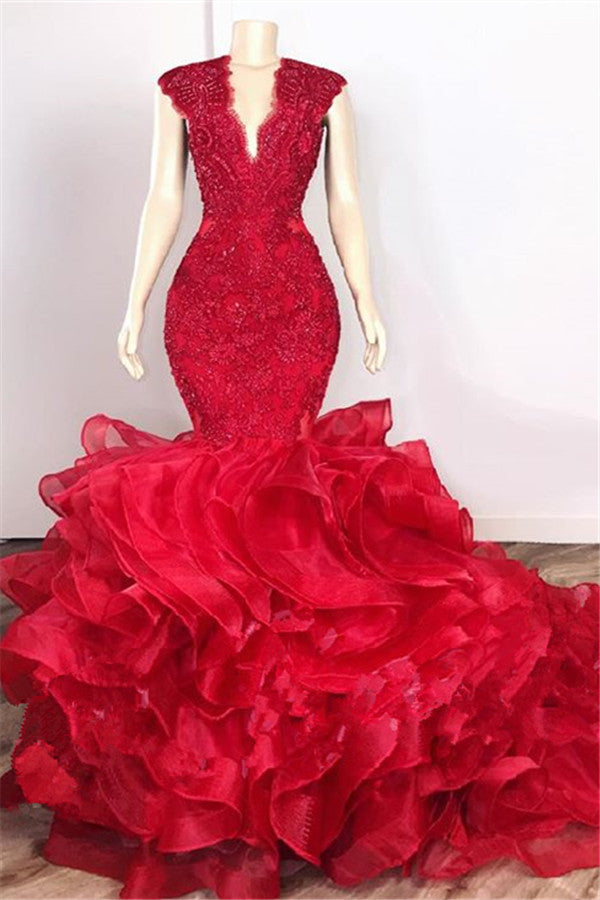 Gorgeous Beads Appliques Red Prom Dresses Ruffles Fit and Flare Alluring Evening Gowns-showprettydress