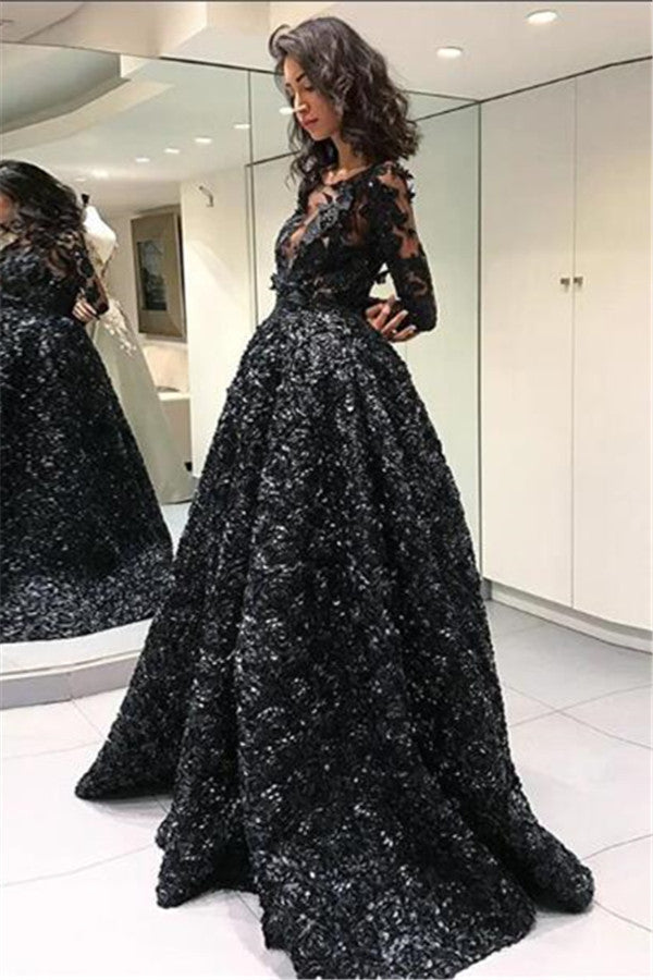 Gorgeous Black Elegant Long Sleevess Evening Dresses On Sale 3D Flowers Chic Open Back Prom Dresses-showprettydress