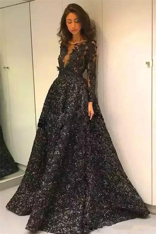 Gorgeous Black Elegant Long Sleevess Evening Dresses On Sale 3D Flowers Chic Open Back Prom Dresses-showprettydress