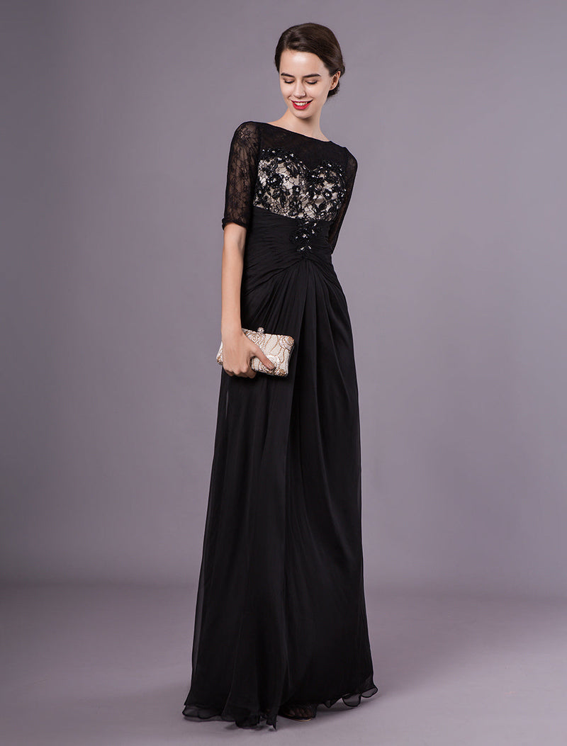 Gorgeous Black Evening Dresses Half Sleeves Lace Beading Chiffon Long Formal Gowns wedding guest dress-showprettydress